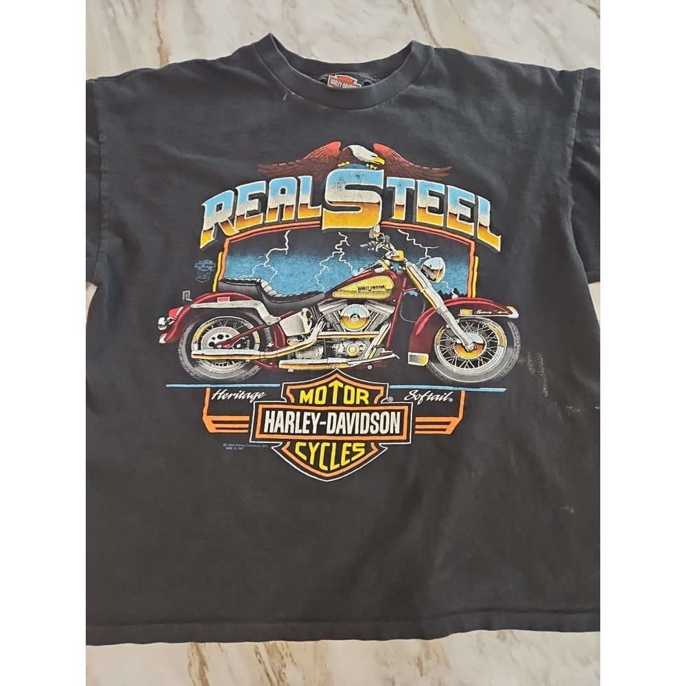 Rare Vintage 90s Harley Davidson Real Steel Graphic Motorcycle Shirt XL Single S
